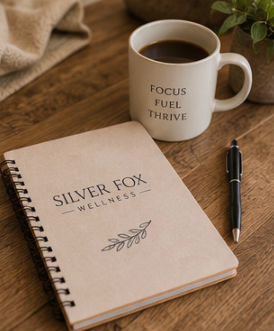 Silver Fox Wellness notebook and coffee